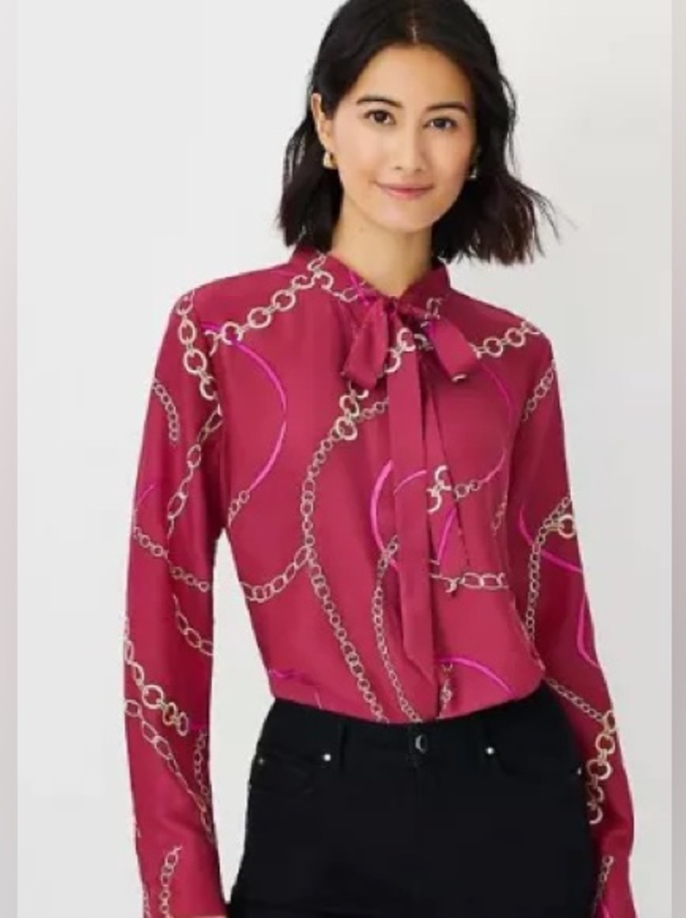 Ann Taylor Burgundy Chain-Print Tie-Neck Blouse EUC